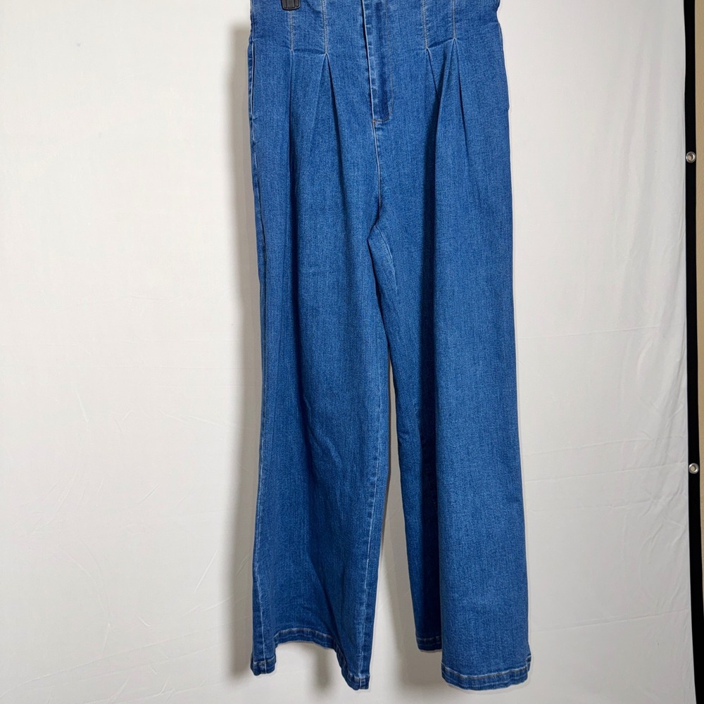 Carole Christian Women Blue High Waisted Wide Leg Pleated Denim Jeans Size L